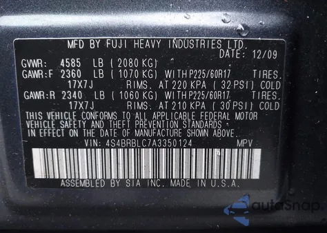 2010 Subaru Outback 2.5I Limited from USA, damaged, VIN 4S4BRBLC7A3350124